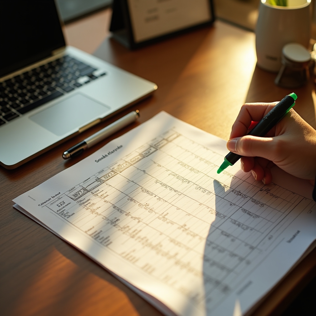 Business owner planning cash flow with spreadsheet and calendar on desk