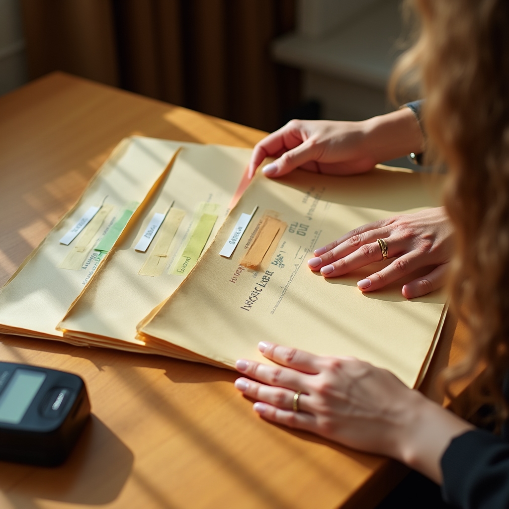 Organised filing system with labelled folders and documents on a clean desk