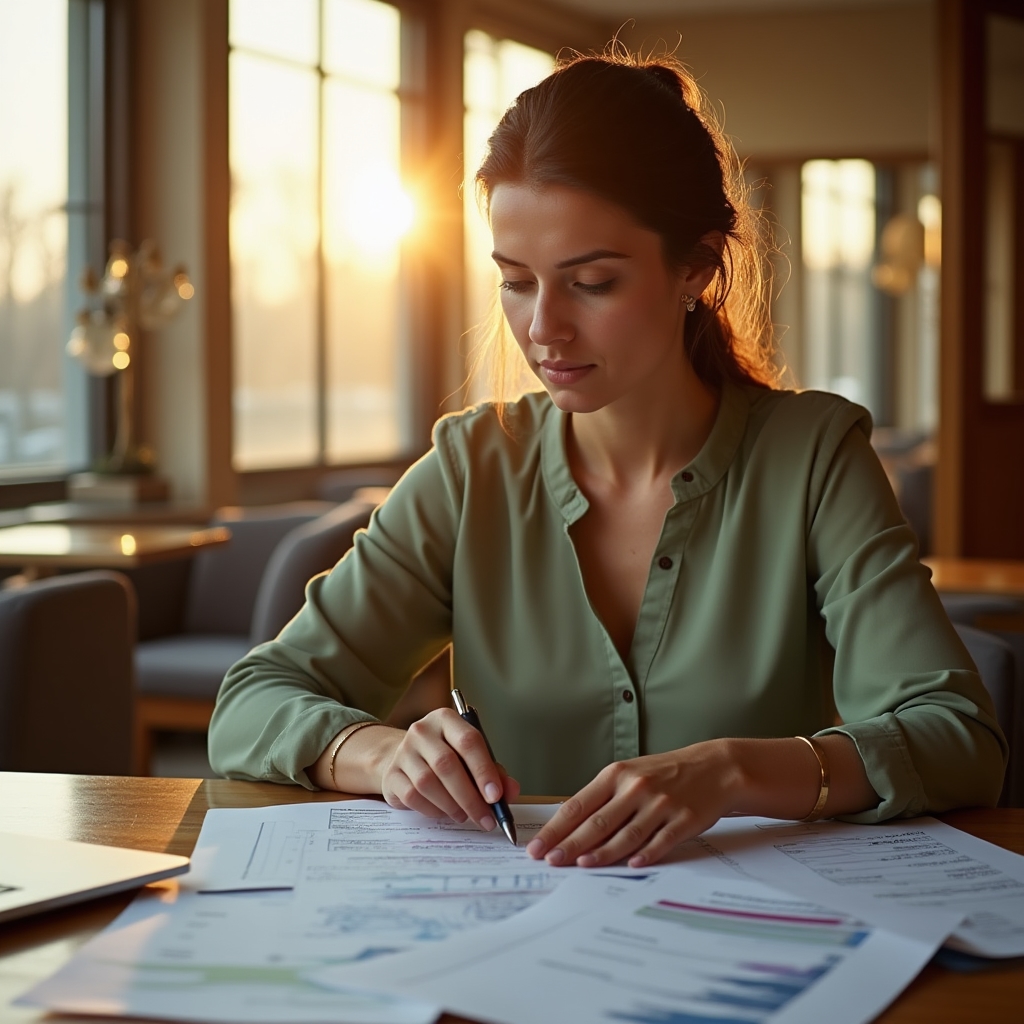 Entrepreneur studying business documents at a desk