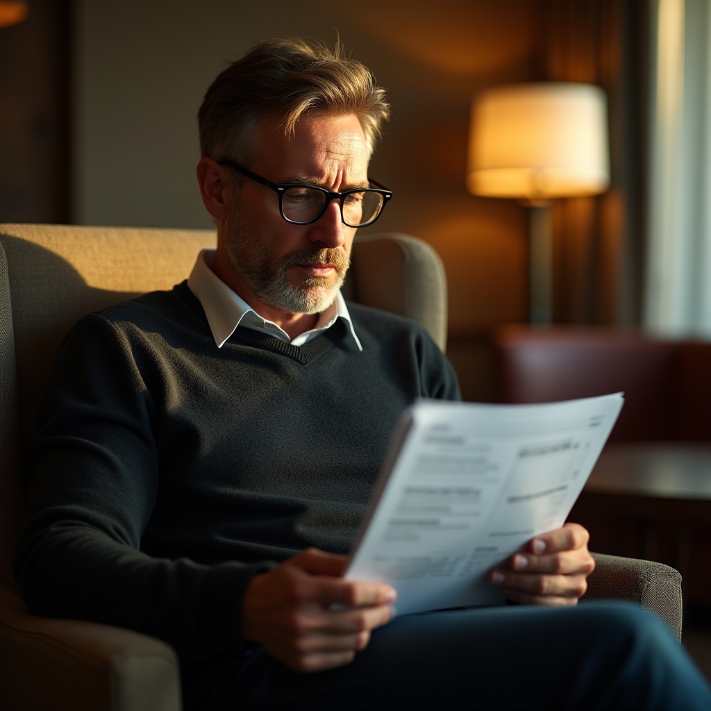 Person reviewing financial statements and reports with a focused expression