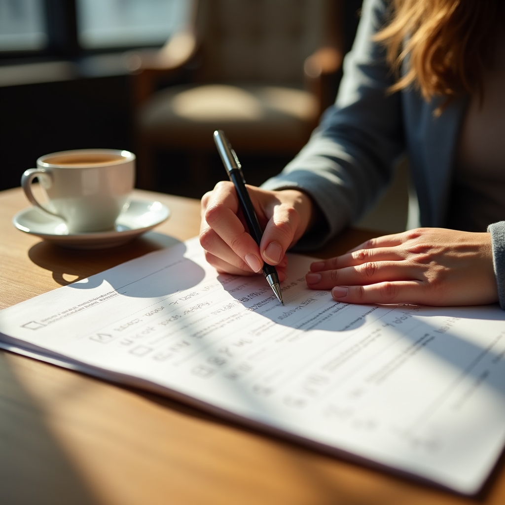 Person reviewing a self-assessment questionnaire at a desk